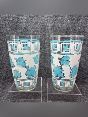 2 Hazel Atlas XL Blue & White 24oz Retro Falling Leaves Tumbler Glasses Shakers